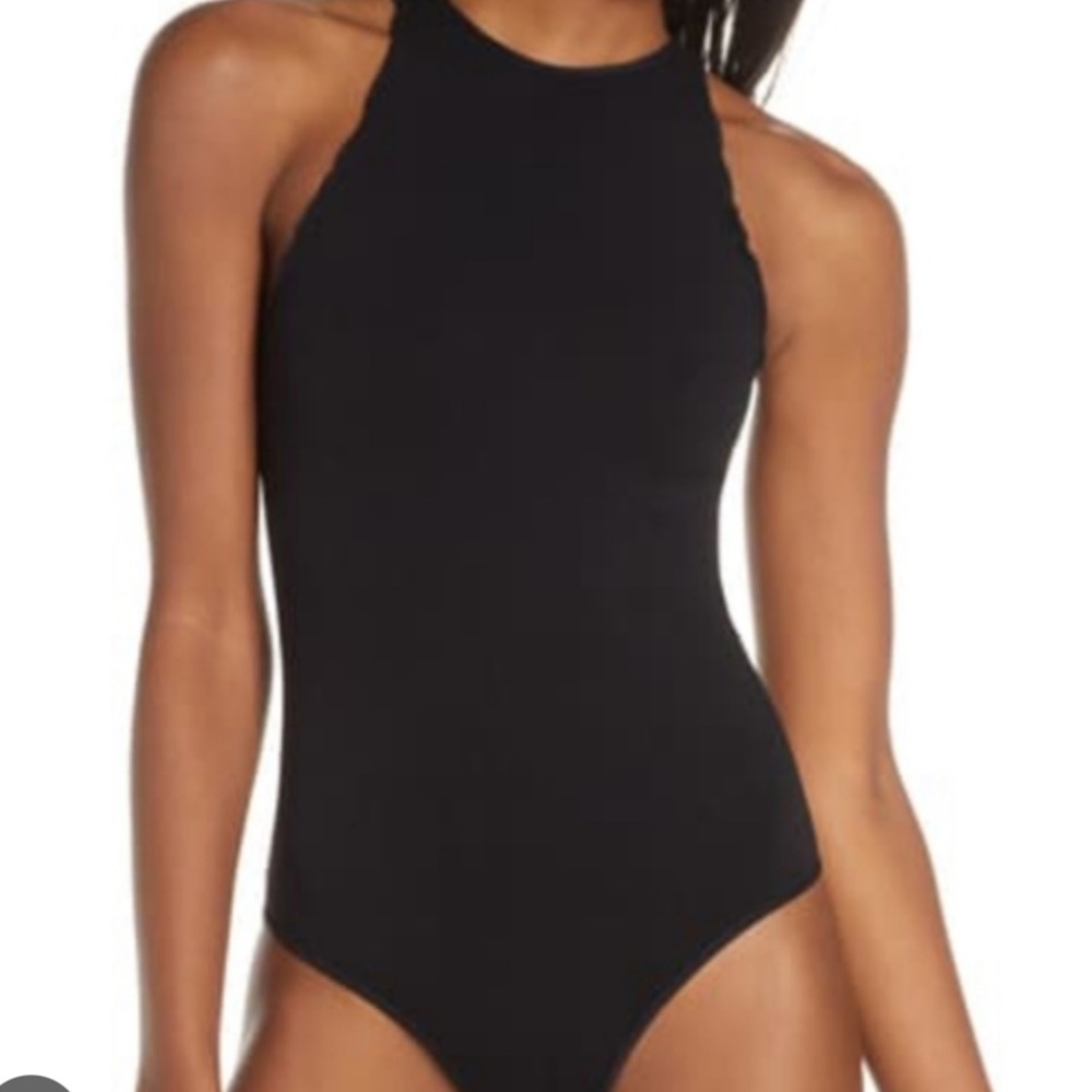Free people, high neck, scallop arm, bodysuit thong xs/s black like new